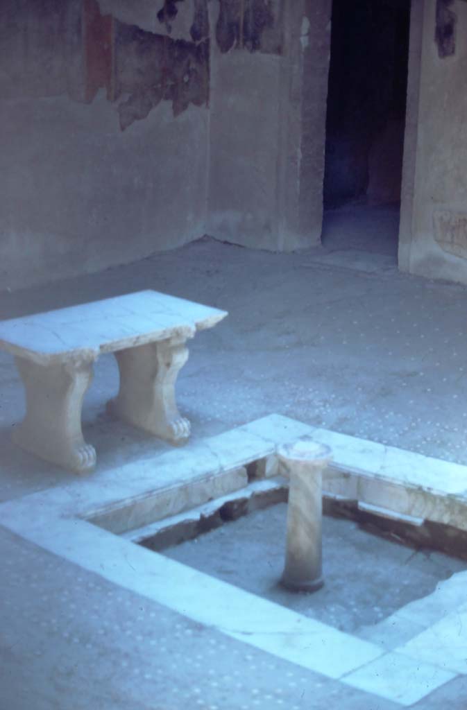 III.11 Herculaneum. 7th August 1976. Room 6, looking south-east across impluvium in atrium.
Photo courtesy of Rick Bauer, from Dr George Fay’s slides collection.